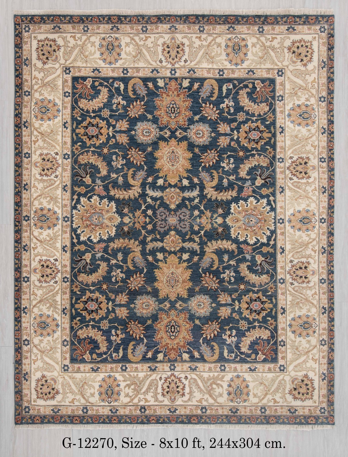 8×10 Blue Ivory Sickle Leaf Reproduction Fine Quality Wool Hand Knotted Rug