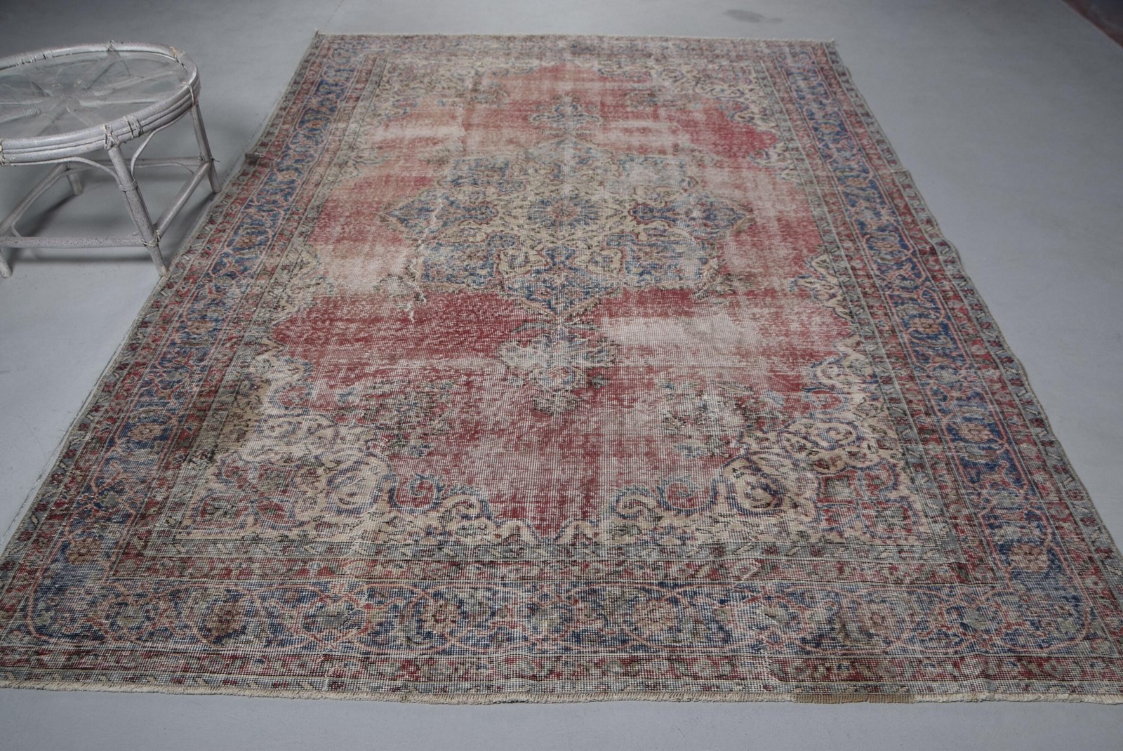 Turkish Vintage Rug, 7,2×10,2 ft Oversize Rug, Red Blue Ikat Rug