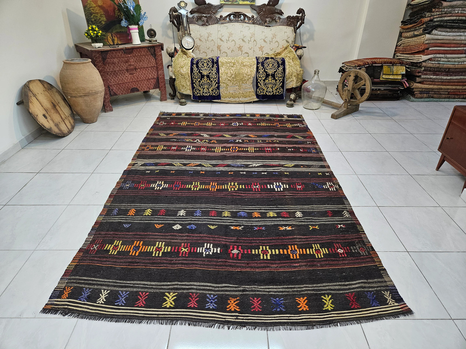 Handmade Turkish Kilim Rug, Striped Black & Red, 5.9 x 9.5 ft