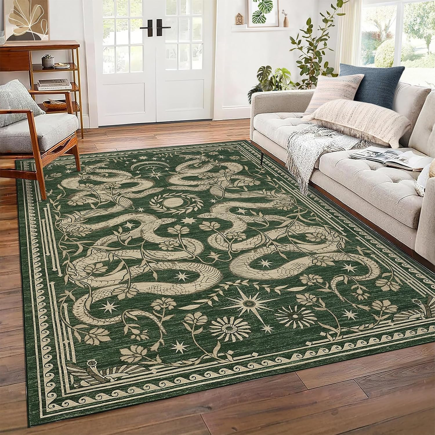 Snake Washable Rugs 5X7 Area Rug for Living Room Forest Soft Low-Pile Stain Resi