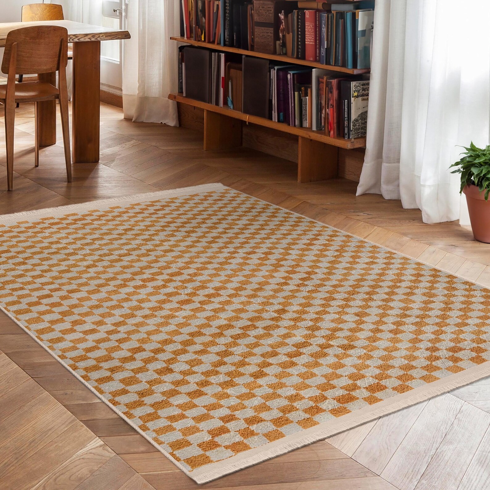 Checkered Orange Cream Geometric Square Pattern Earthy Modern Decor Rug