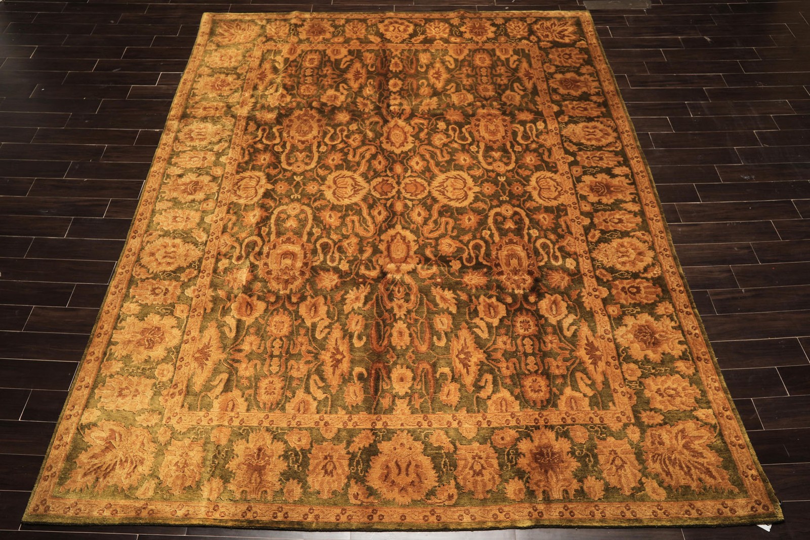 Silky Sheen Gold Wash Area Rug 9’2″x12 Hand Knotted Wool Green Agra Traditional