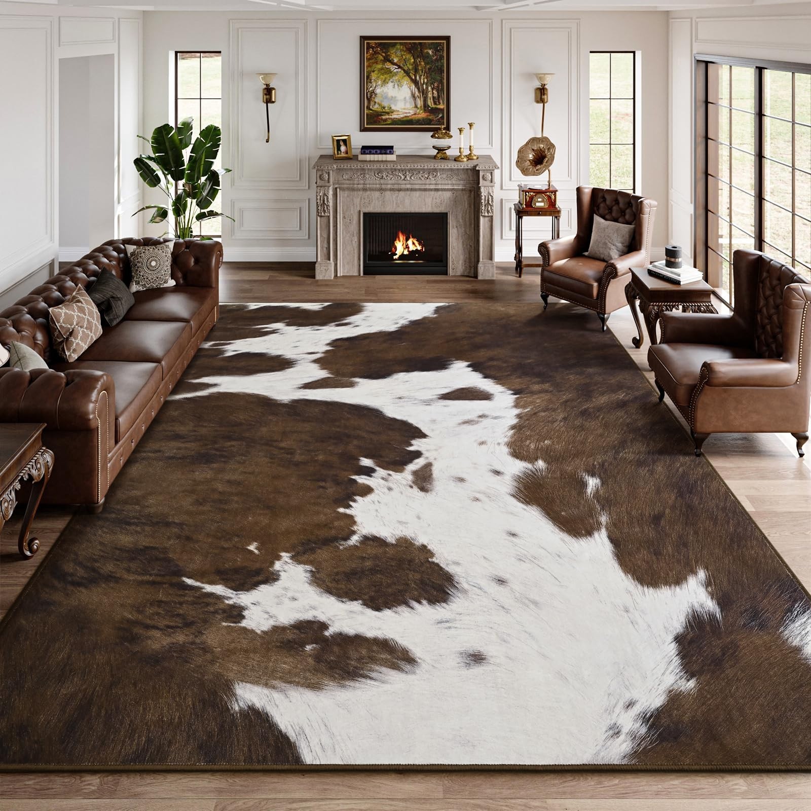 Washable 5×7 Area Rug – Soft Non-Slip Cowhide Print for Living Room, Bedroom, Of