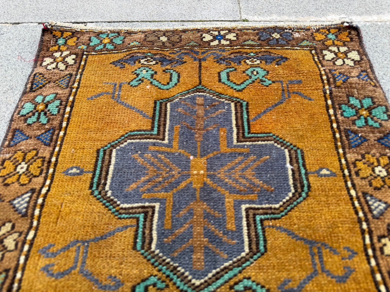 Vintage Oushak Rug 1.8×2 ft Mustard Yellow Turkish Boho Small Accent Rug