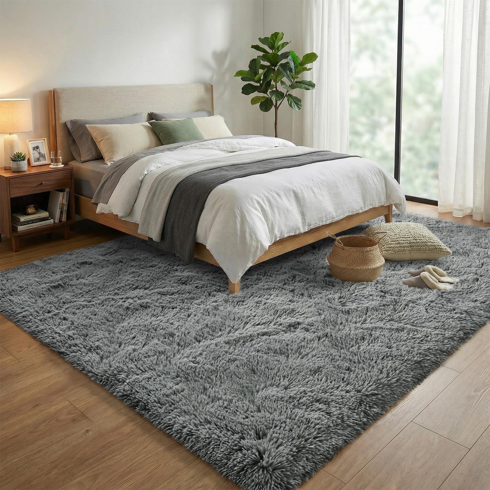 Soft Grey Shag Rug 7×10 Feet – Plush Non-Slip Carpet for Living Room & Kids Room