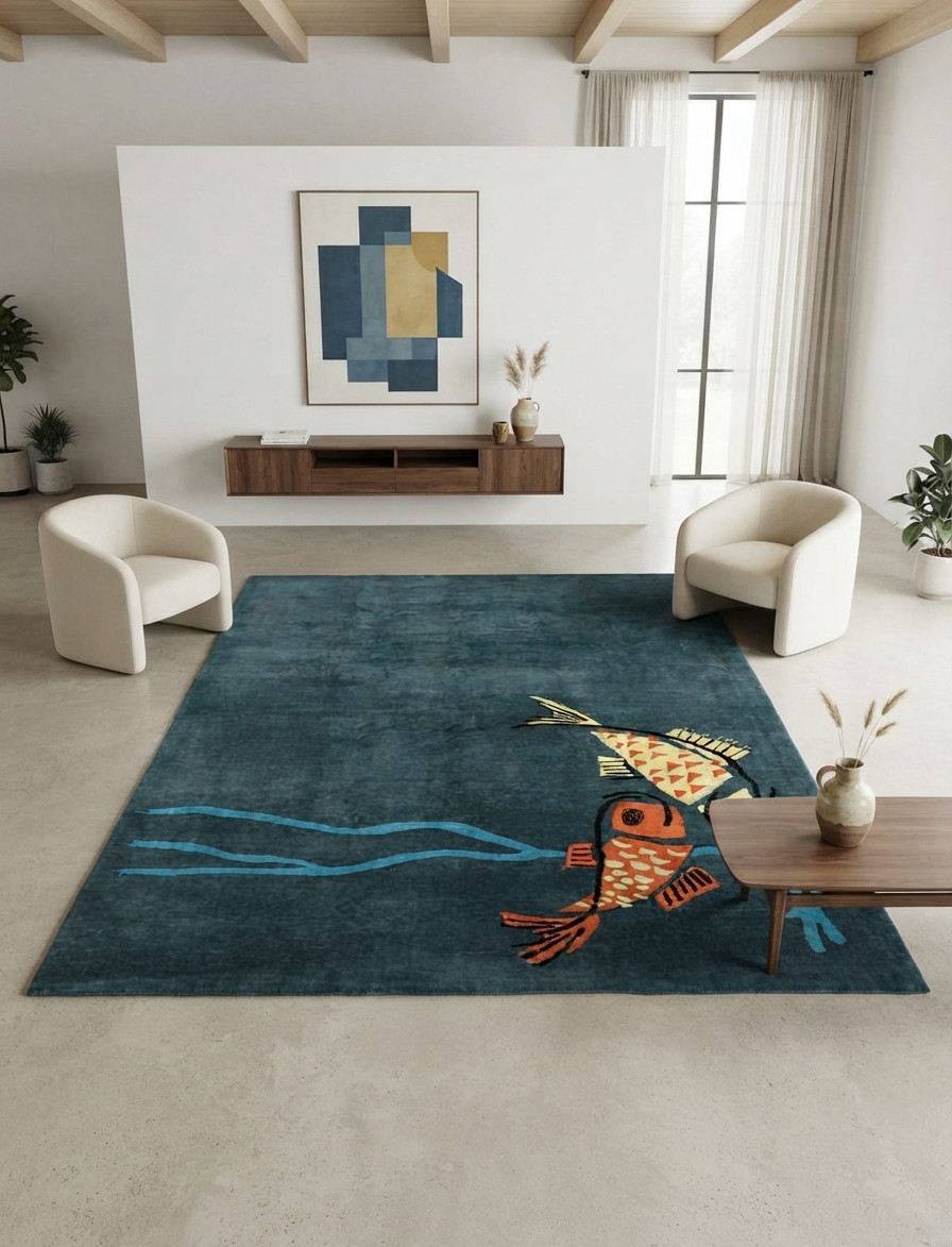 Hand-Tufted Fish Wool Rug Teal Blue Animal Print Area Carpet Living Room 5×8