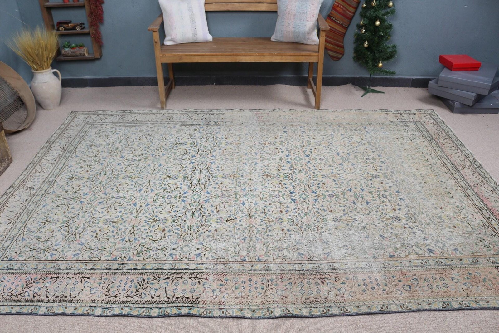 Turkish Rug, 6,3×9,3 ft Large Vintage Rug, Blue White Polka dot Rug
