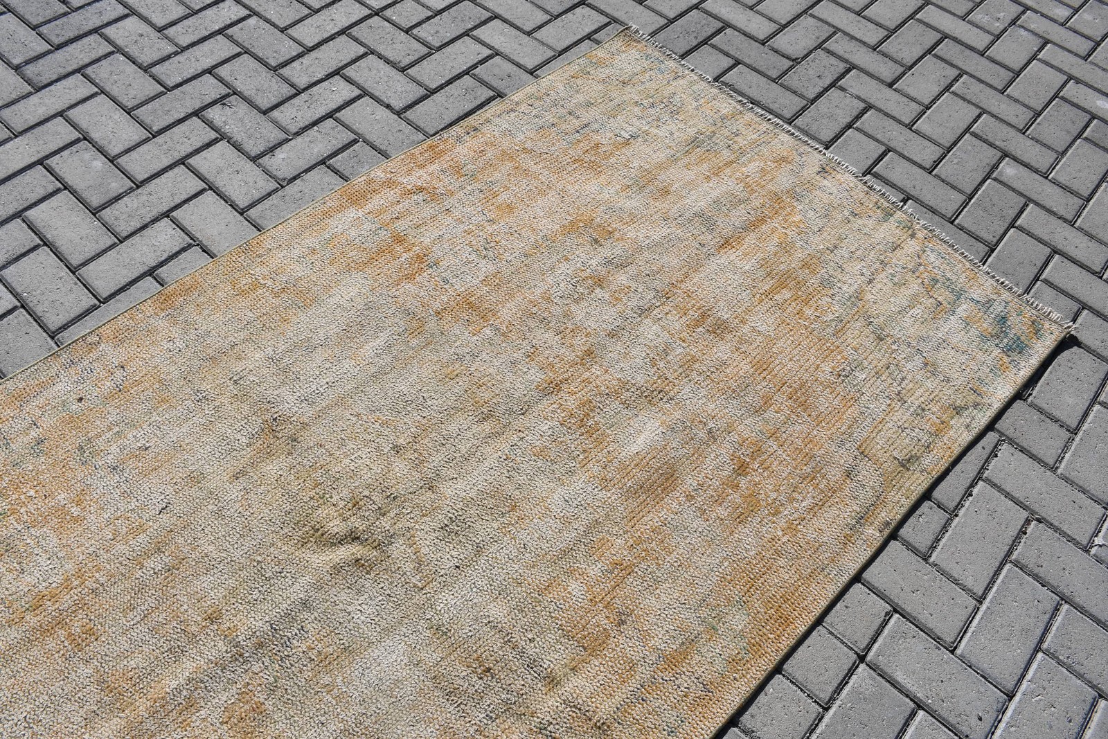 Vintage Rug, Area 3,8×7,8 ft Turkish Rug, Brown Blue Solid Wool Rug