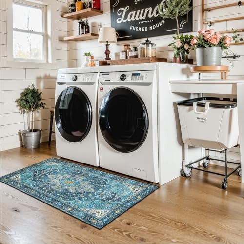 2×4 Teal Vintage Floral Medallion Runner Rug – Machine Washable, Non-Slip,