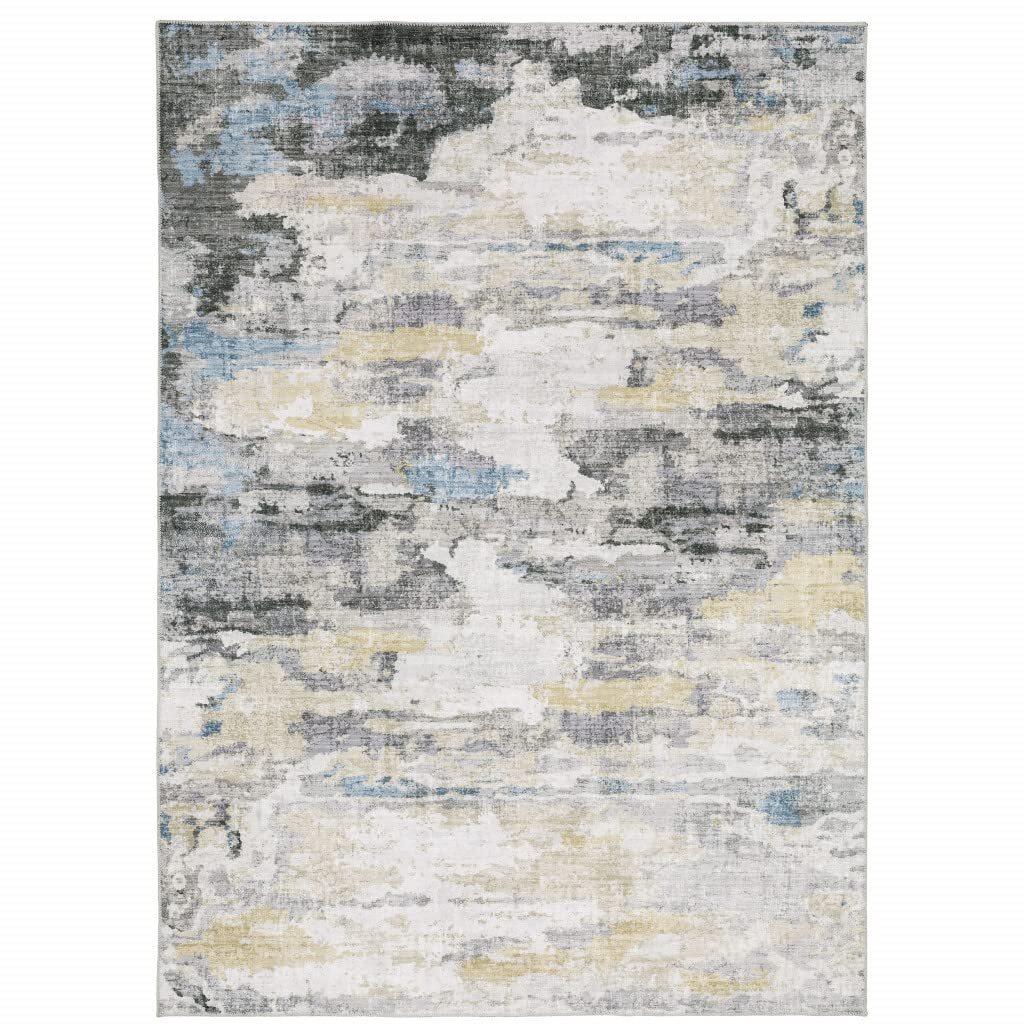 8′ X 10′ Grey Blue Charcoal Ivory Yellow Beige And Tan Abstract Printed Stain