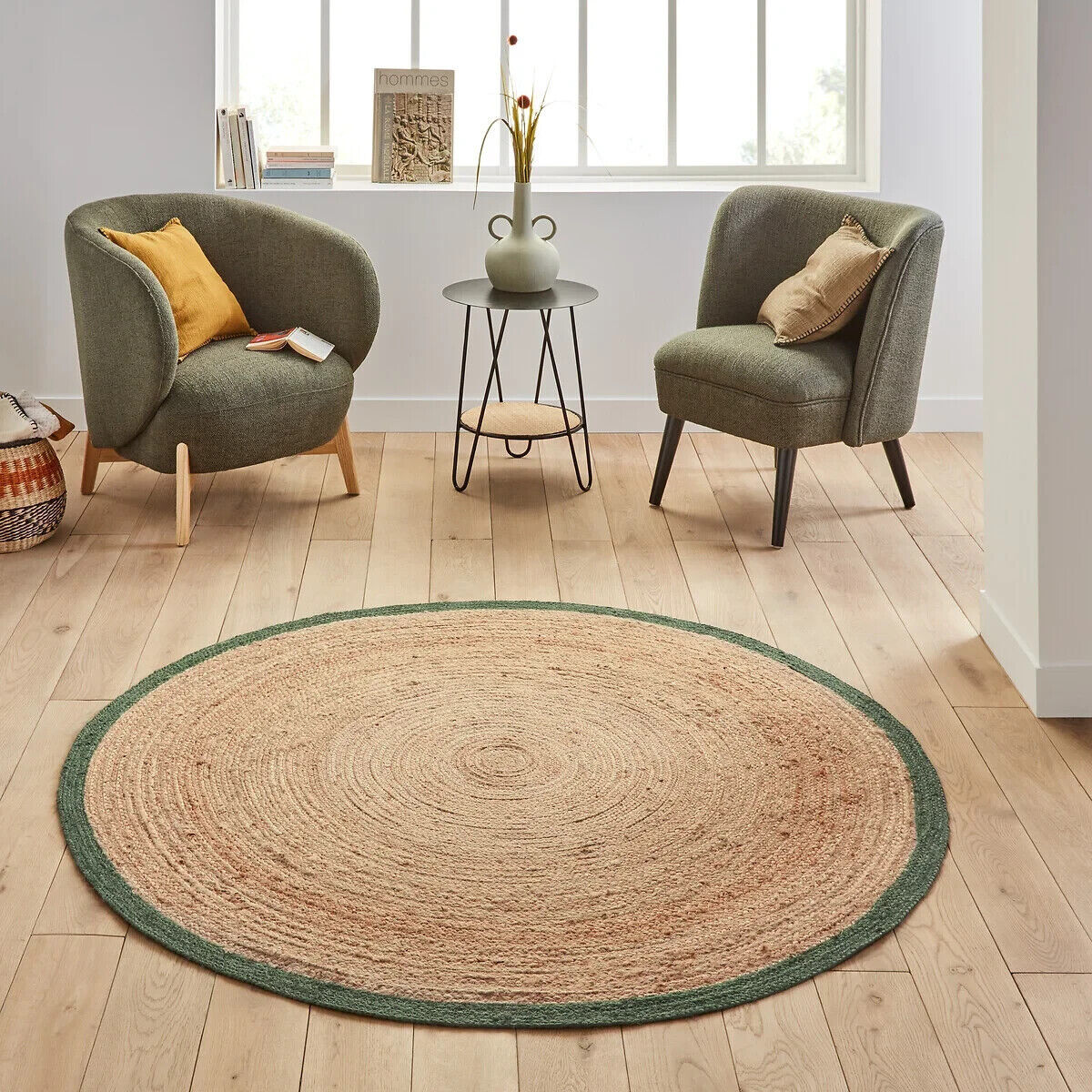 Round Rug Jute Farmhouse Natural Floor Rug Beige With Green Handmade Carpet