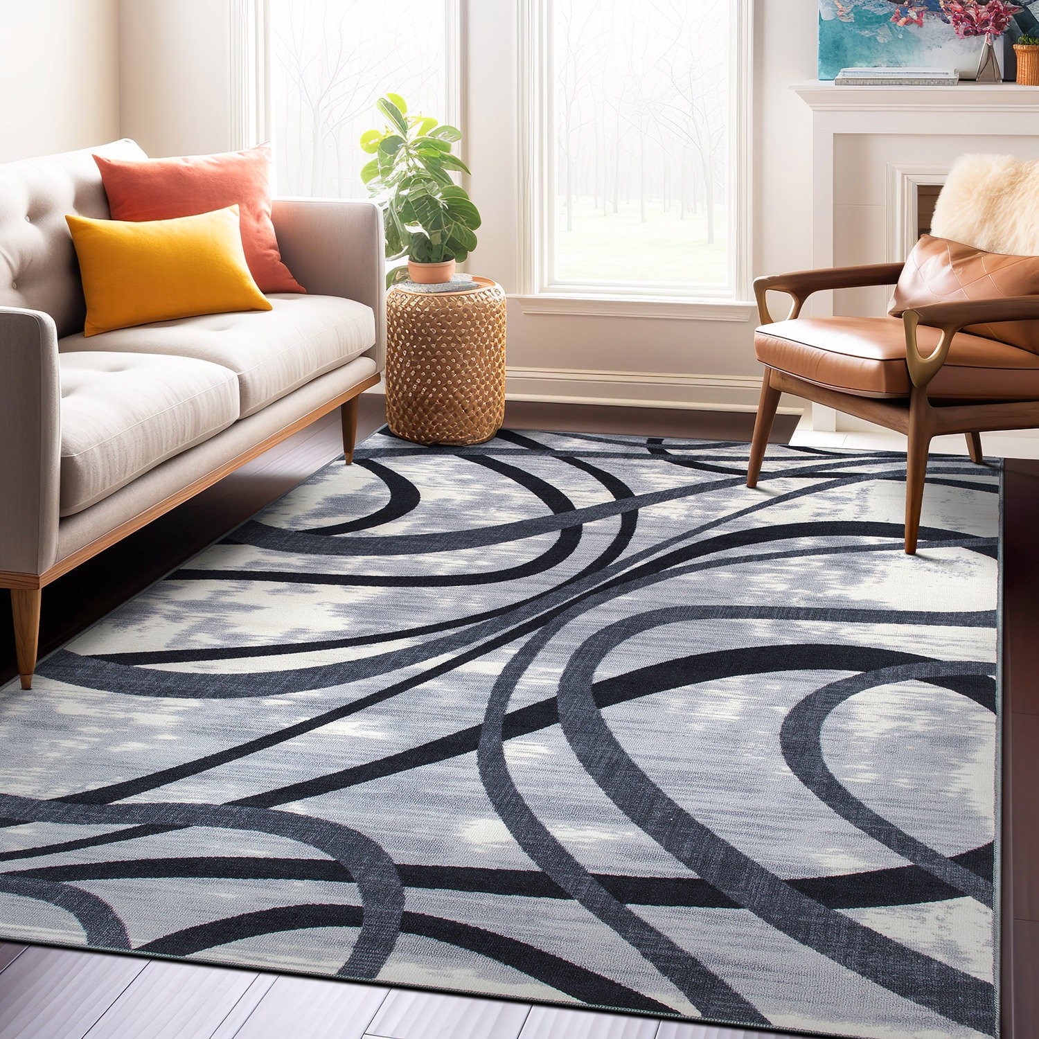 Rugshop Living Room Rug Modern Distressed Abstract Lines Non Slip Area Rugs 8×10