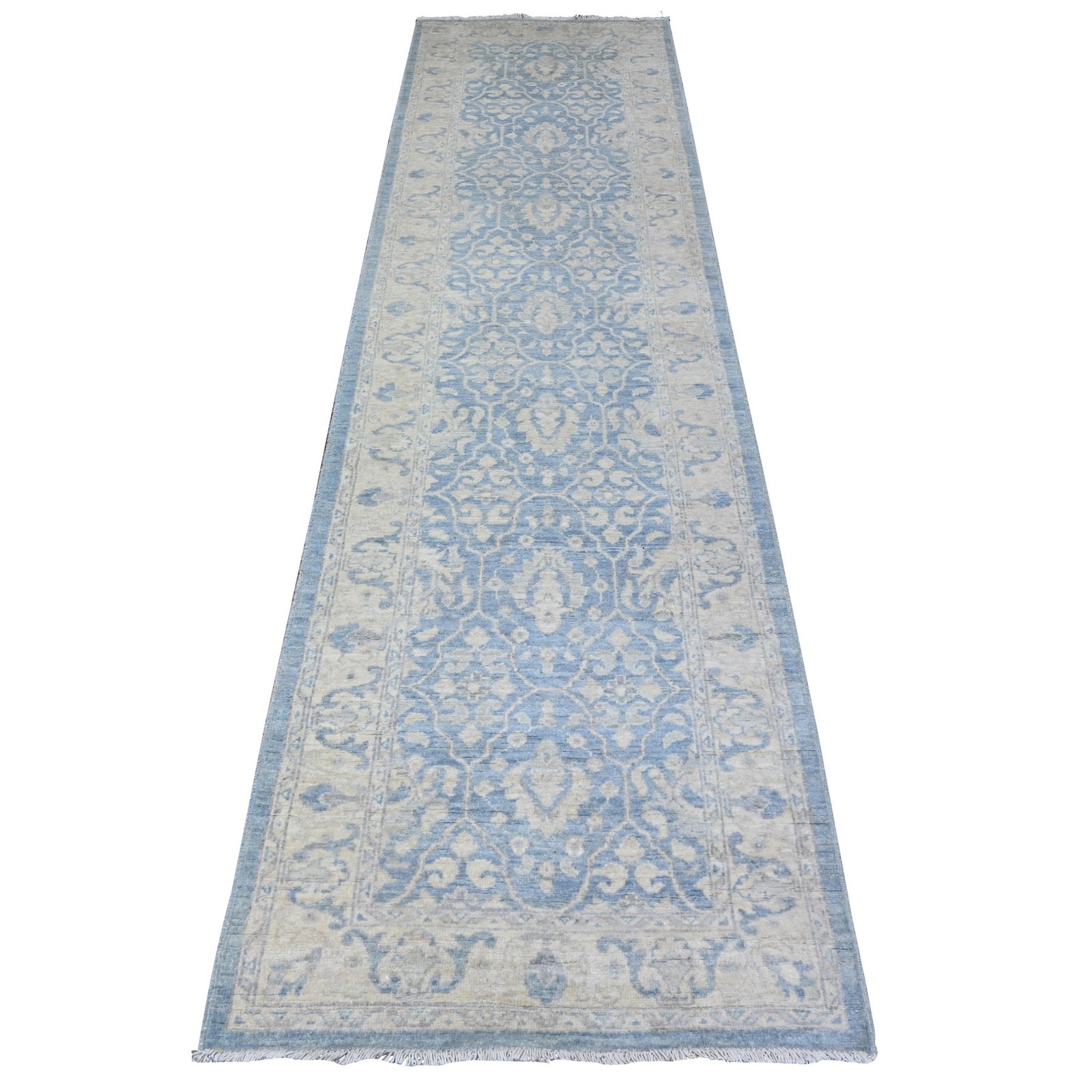 2’8″x10’4″ Blue Hand Knotted Natural Wool White Wash Peshawar Runner Rug R88354