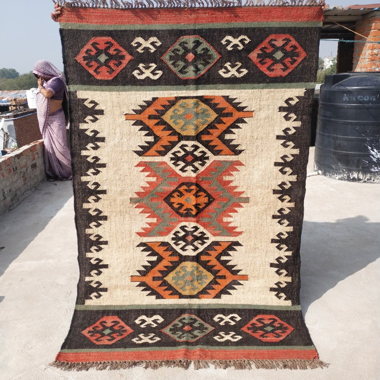 Handwoven Wool Jute Kilim Rug – Boho Area Rug, Rustic Living Room Carpet, Natura