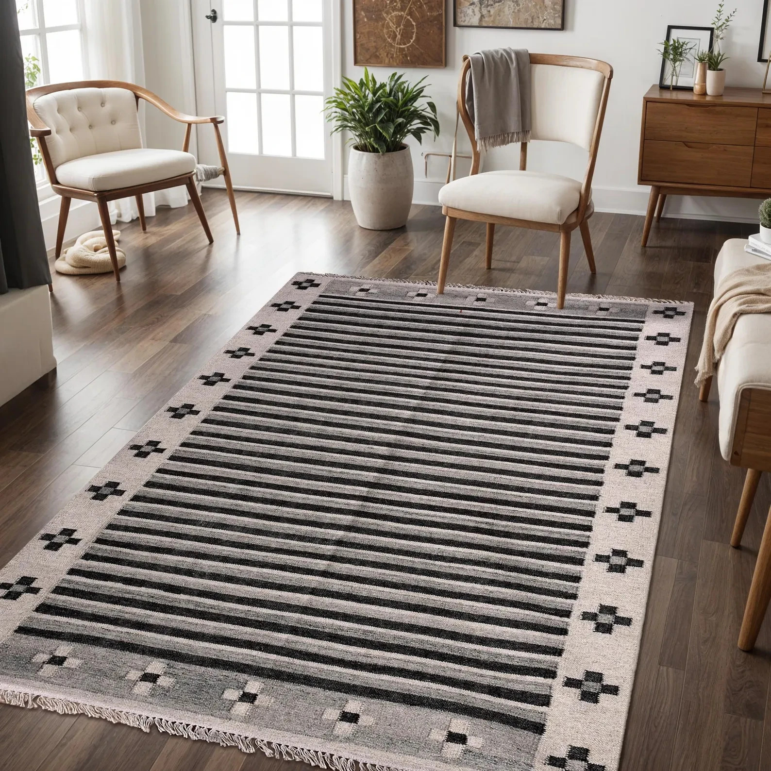 Handwoven Cotton Kilim Rug Color Brown & Black Handmade Design Carpet Rug