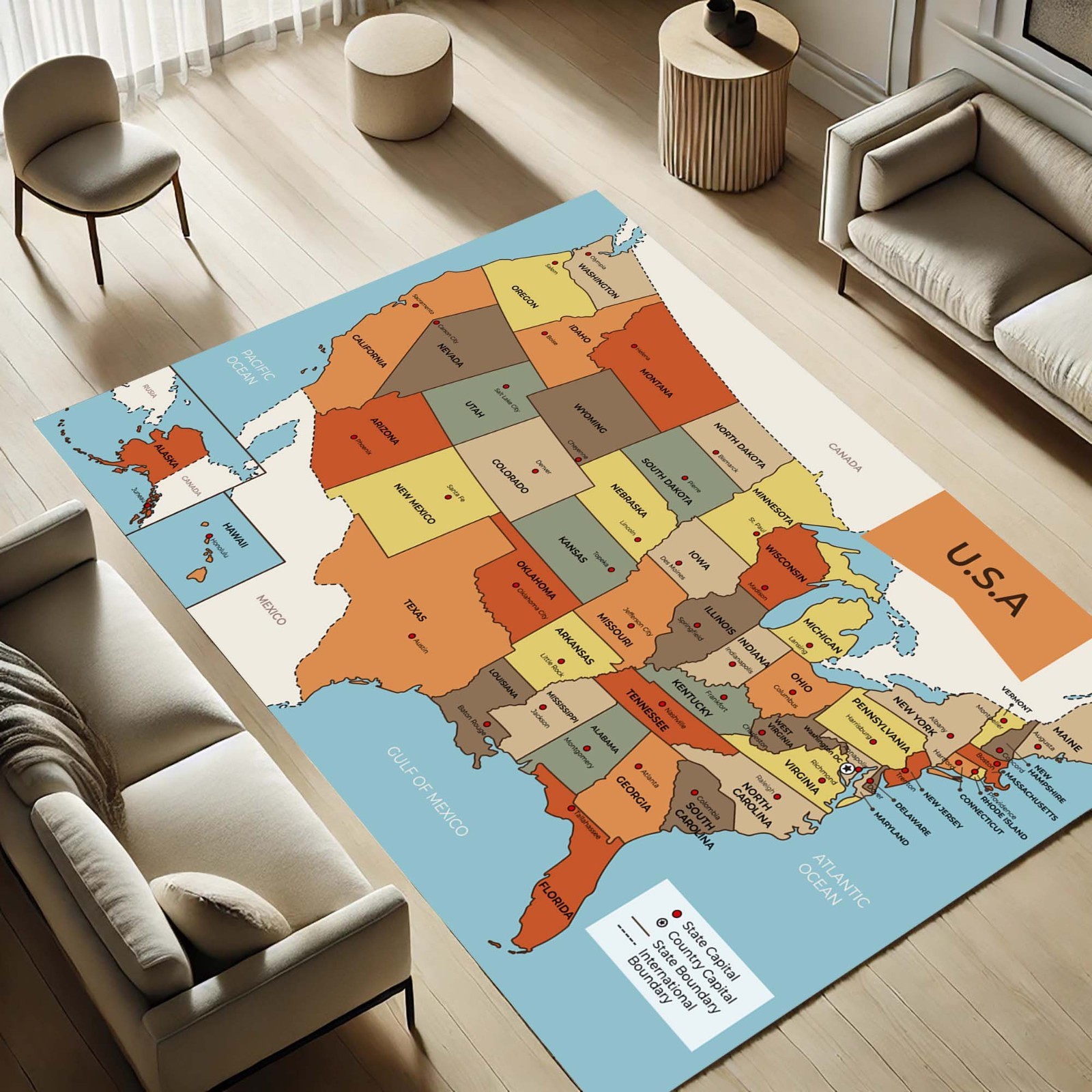 USA Map Rug, Educational Carpet, Geography Learning Mat, United States Classroom