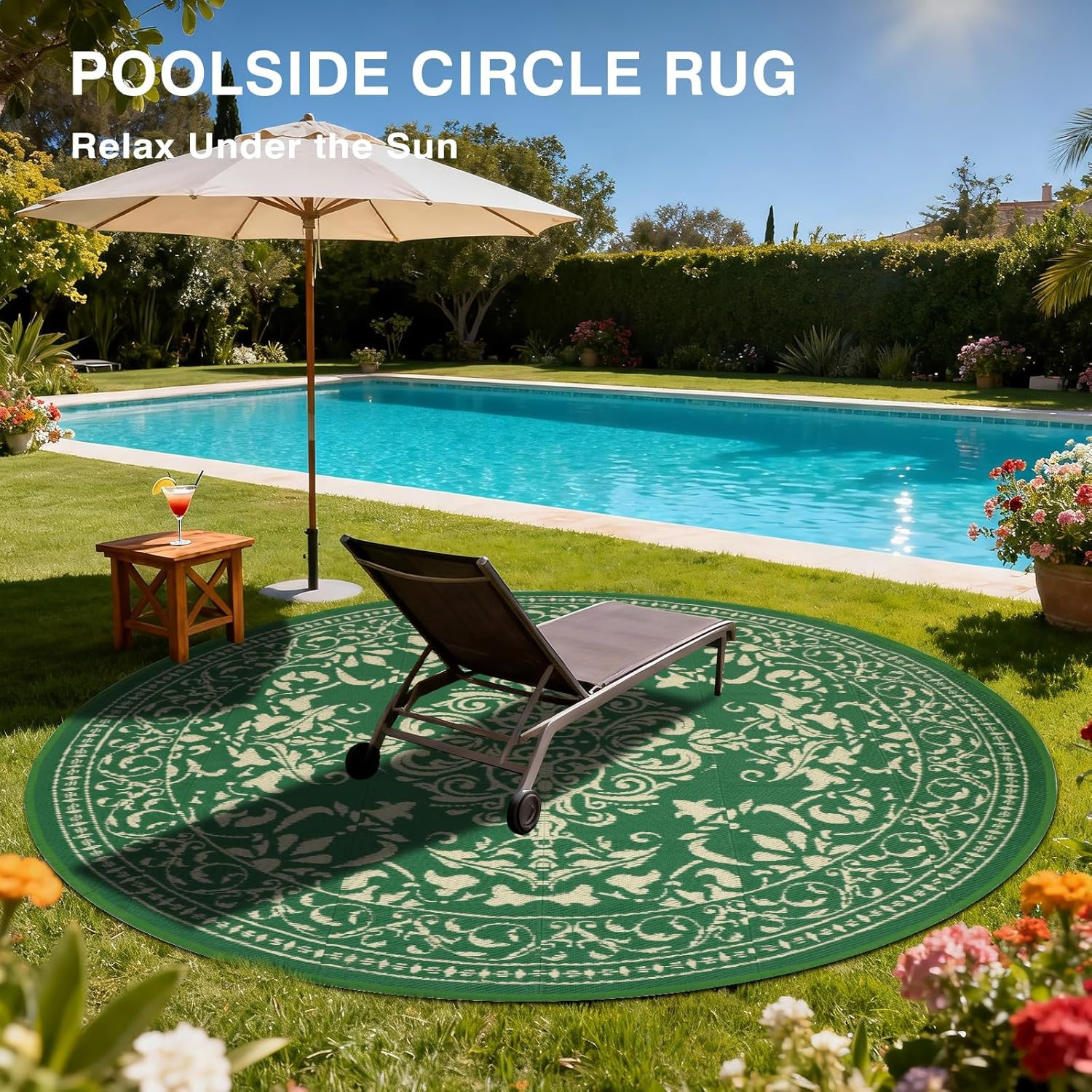 Vintage Waterproof round Outdoor Rug 8 Ft, Portable Reversible Plastic Straw Cir