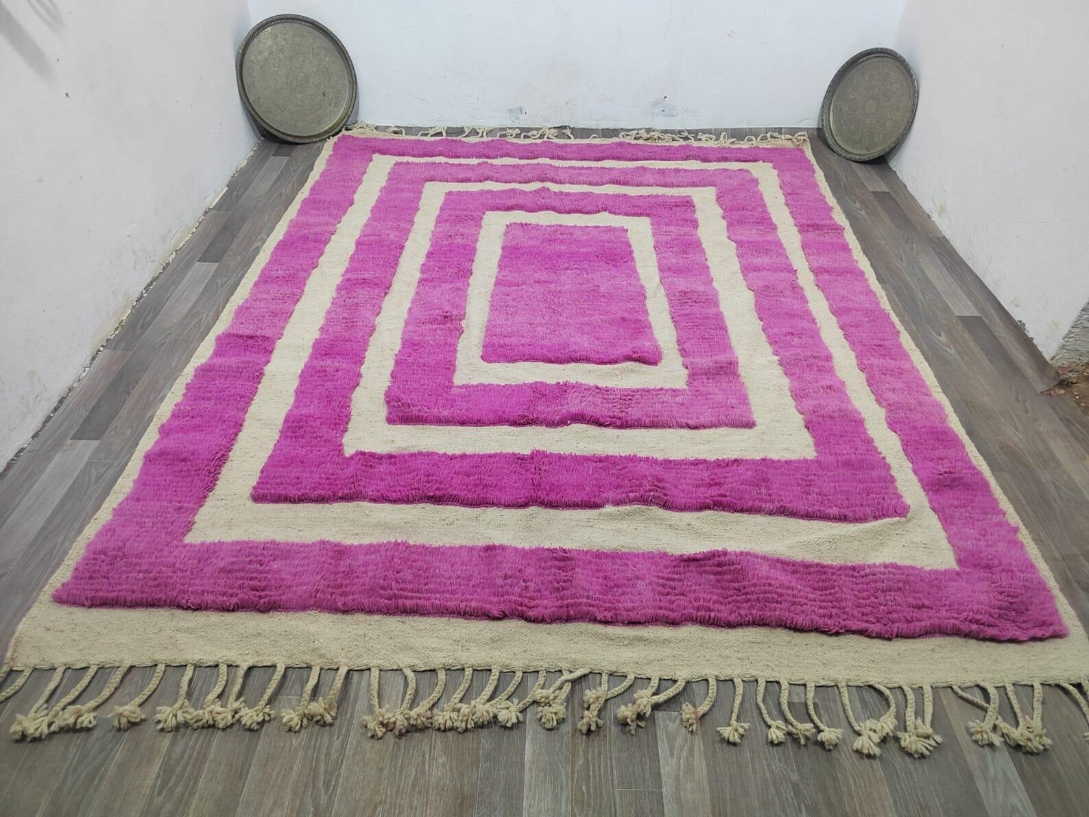 Handwoven Moroccan Wool Rug, Pink and White Berber Carpet, Boho Abstract Style
