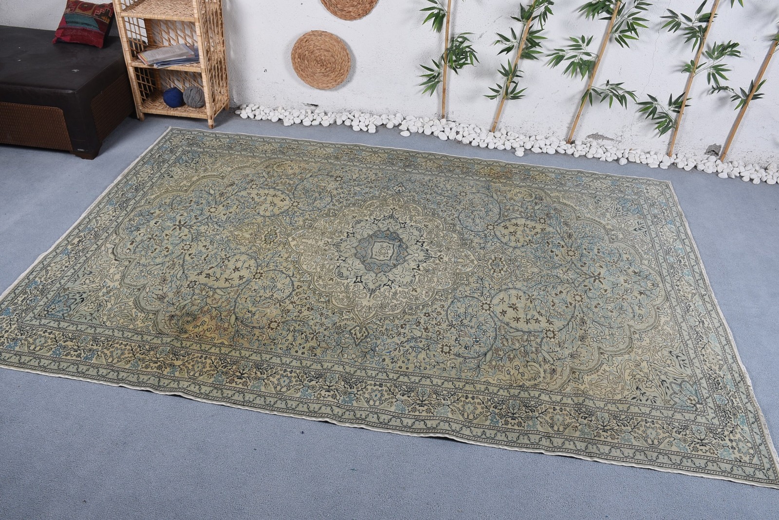 6,41×9,7 ft Rug, Vintage Turkish Rug, Blue Floral Wool Rug