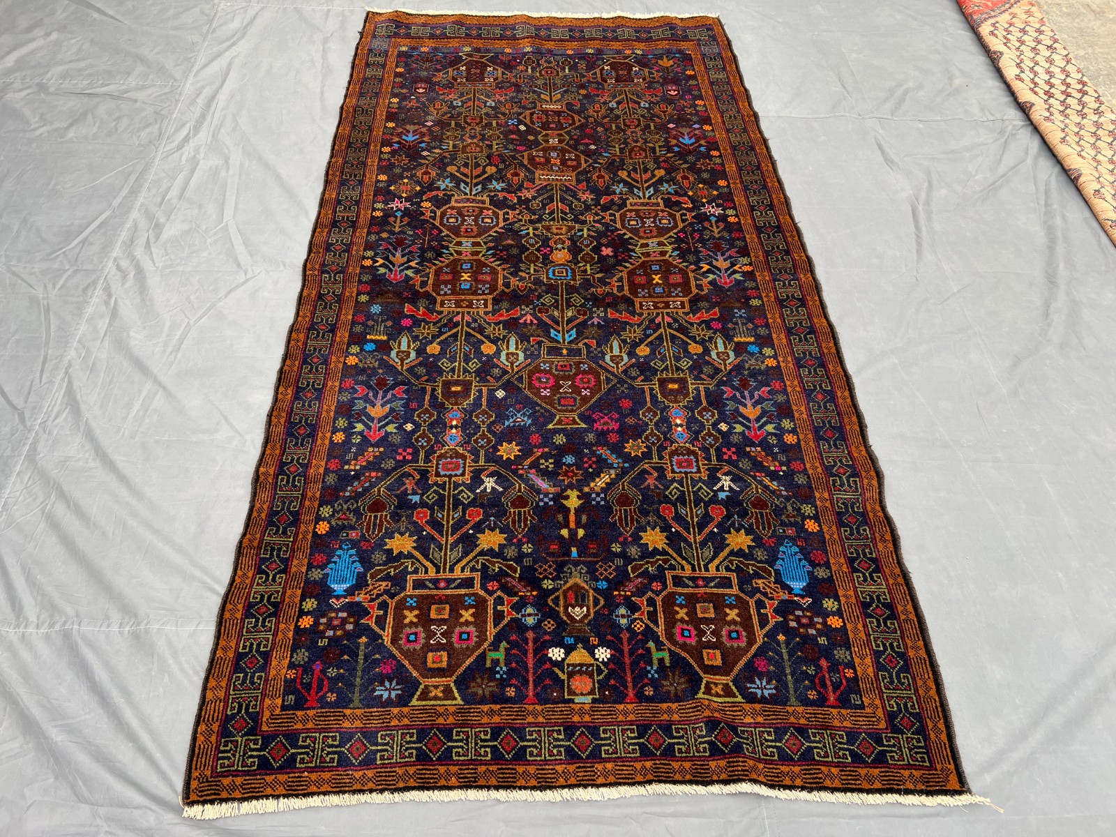 Navy Blue Vintage Tribal Vase Floral Hand Knotted Wool Rug 4×9 Boho Runner Rug