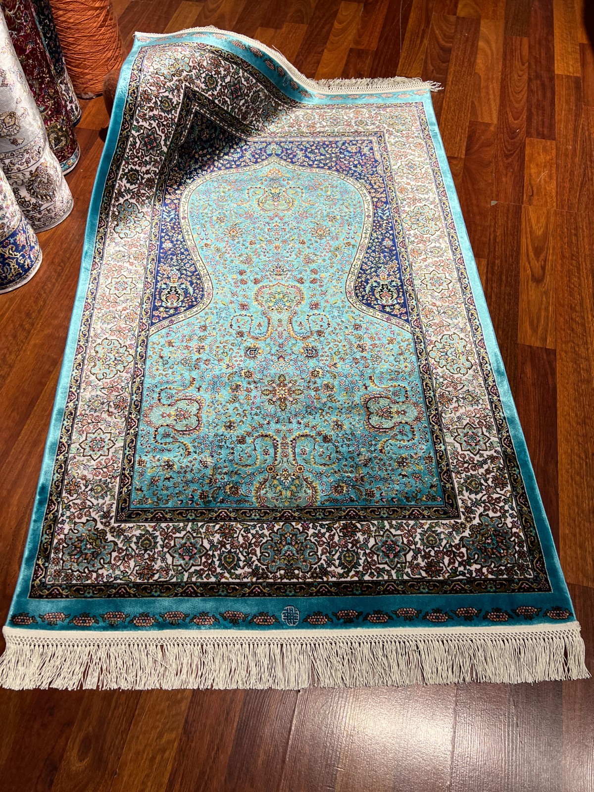 3×5 ft Muslim Gift Silk Prayer Rug Muslim Gift Rug Janamaz Blue Prayer Mat