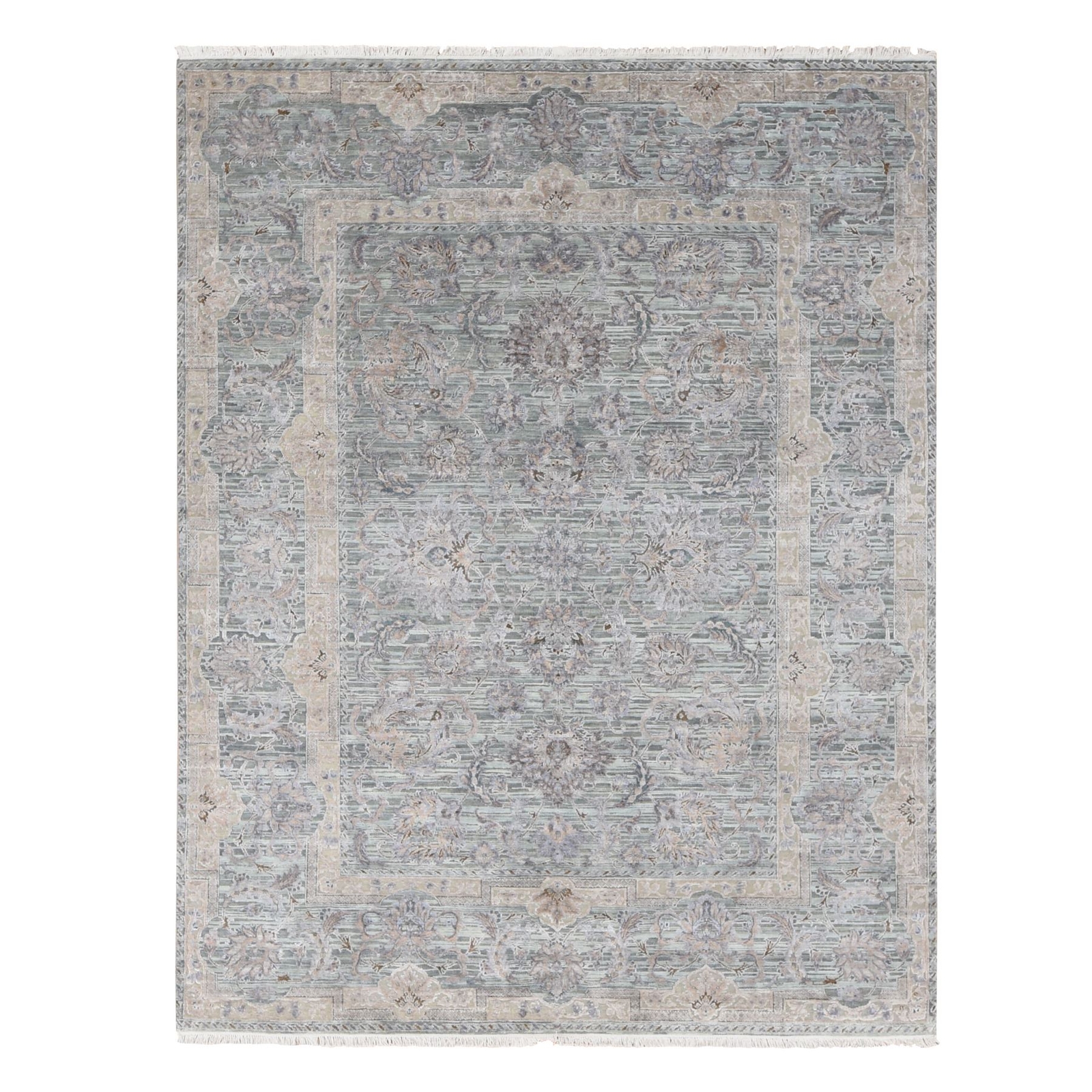 7’10” x 10’2″ Laurel Green Mughal Design Pure Silk Hand Knotted Rug R80788