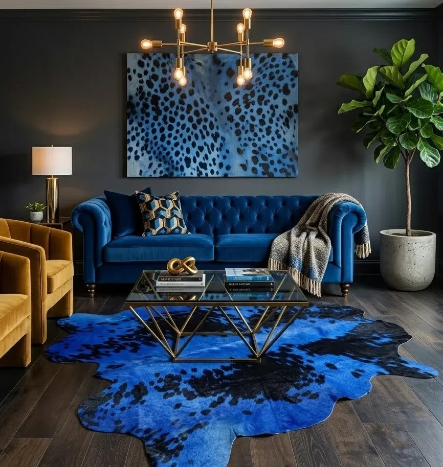 Real Cowhide Rug Dyed Blue Black Spots 5×5 Genuine Hair On Hide Area Rug