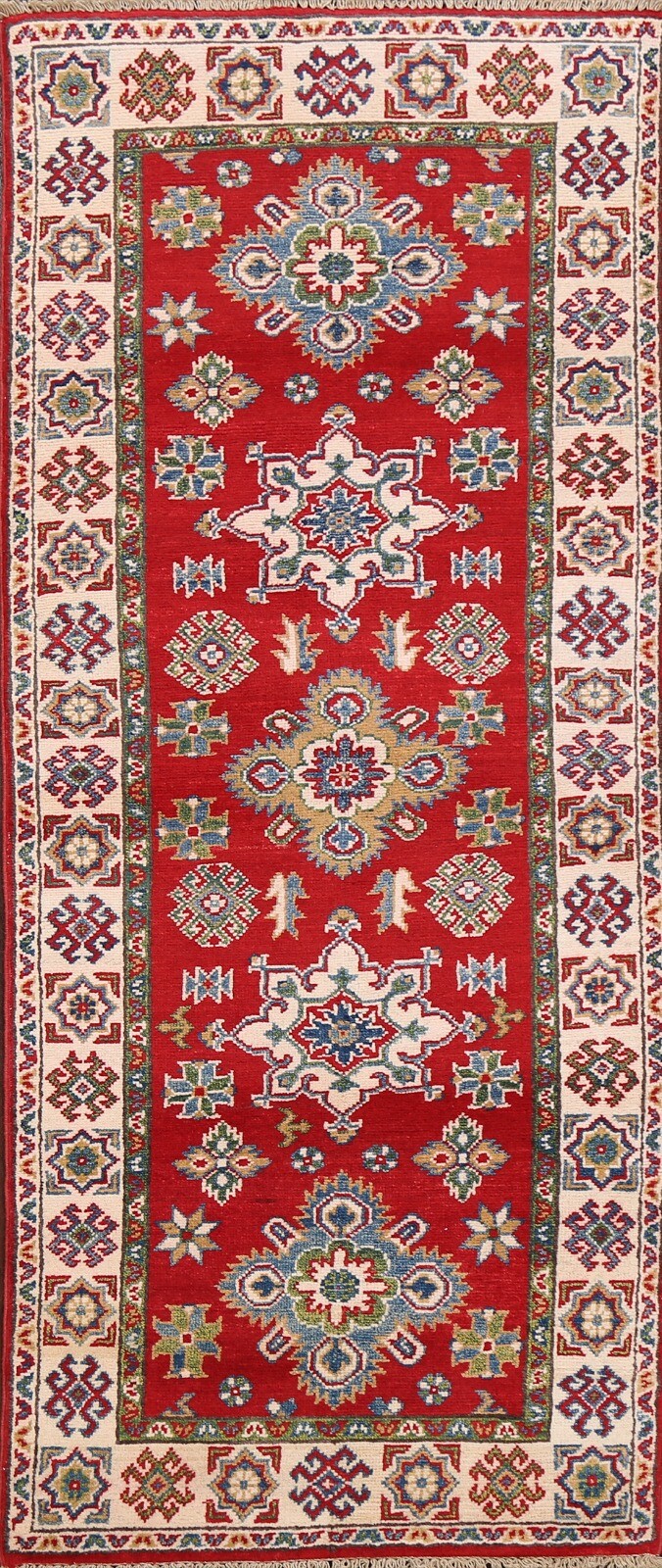 Geometric Red/Ivory Super Kazak 6 ft. Wool Runner Rug Hand-Knotted 6′ 4″ x 2′ 7″