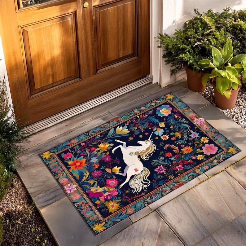 Floral Unicorn Rug, Folklore Decor, Cottagecore Decor, Fairy Woodland Decor