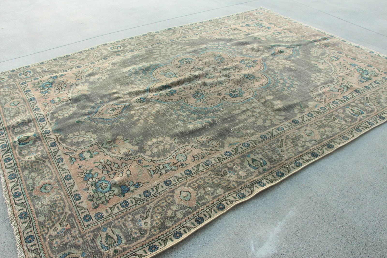 Vintage Turkish Rug, 6,6×9,5 ft Rug, Blue Brown Solid Rug