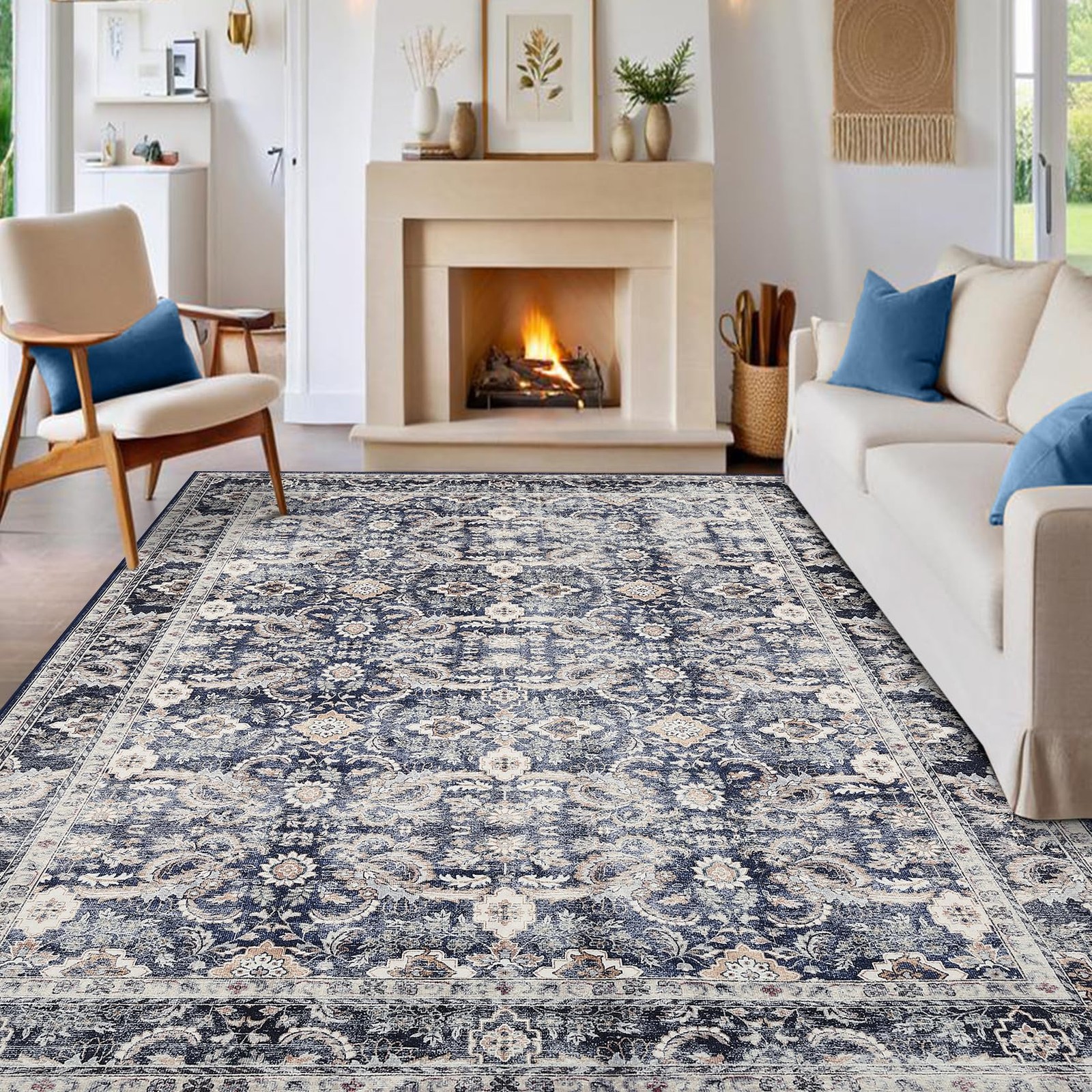 Washable Rugs for Living Room, Vintage Neutral Area Rug, Ultra Soft Low Pile …