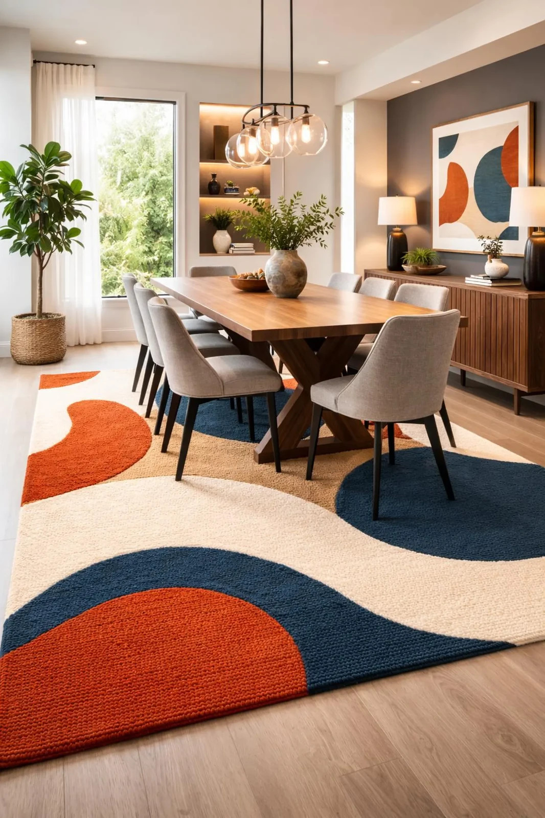 Modern Abstract Hand Tufted Rug – Cream, Burnt Orange & Teal Blue Area Rug