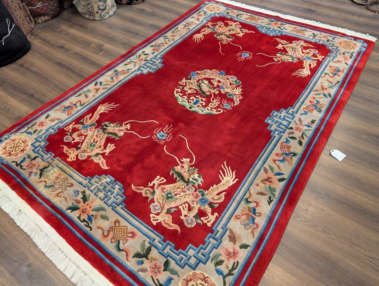 New Chinese Wool Rug 6×9, Dragons, Medallion, Red Asian Oriental Carpet