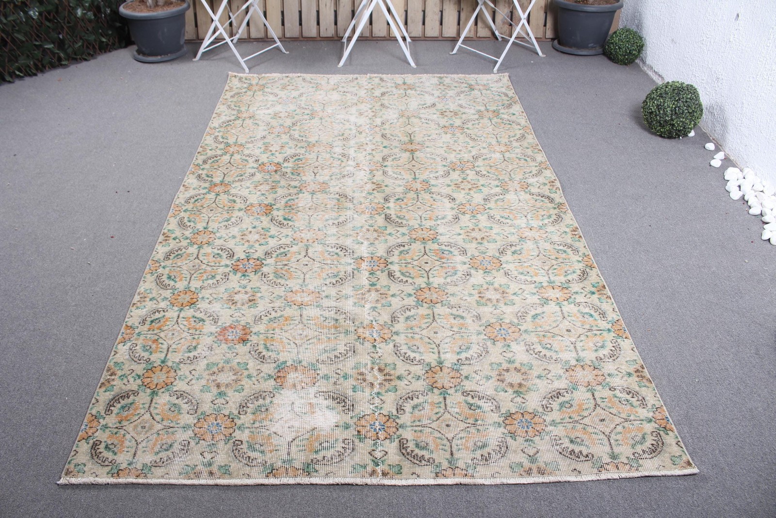 Turkish Large Rug 5,1×8,3 ft, Green Floral Vintage Wool Rug