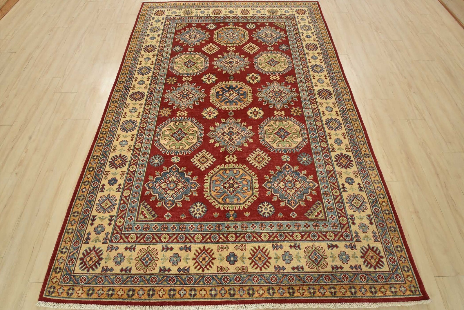 Kazak Rug 6’1” x 9’1” Red Wool Tribal Hand-Knotted Oriental Carpet