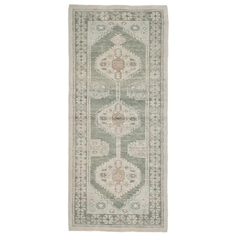 Hand Knotted Oushak Runner Rug Sage Green Wool Vintage Turkish Hallway Carpet