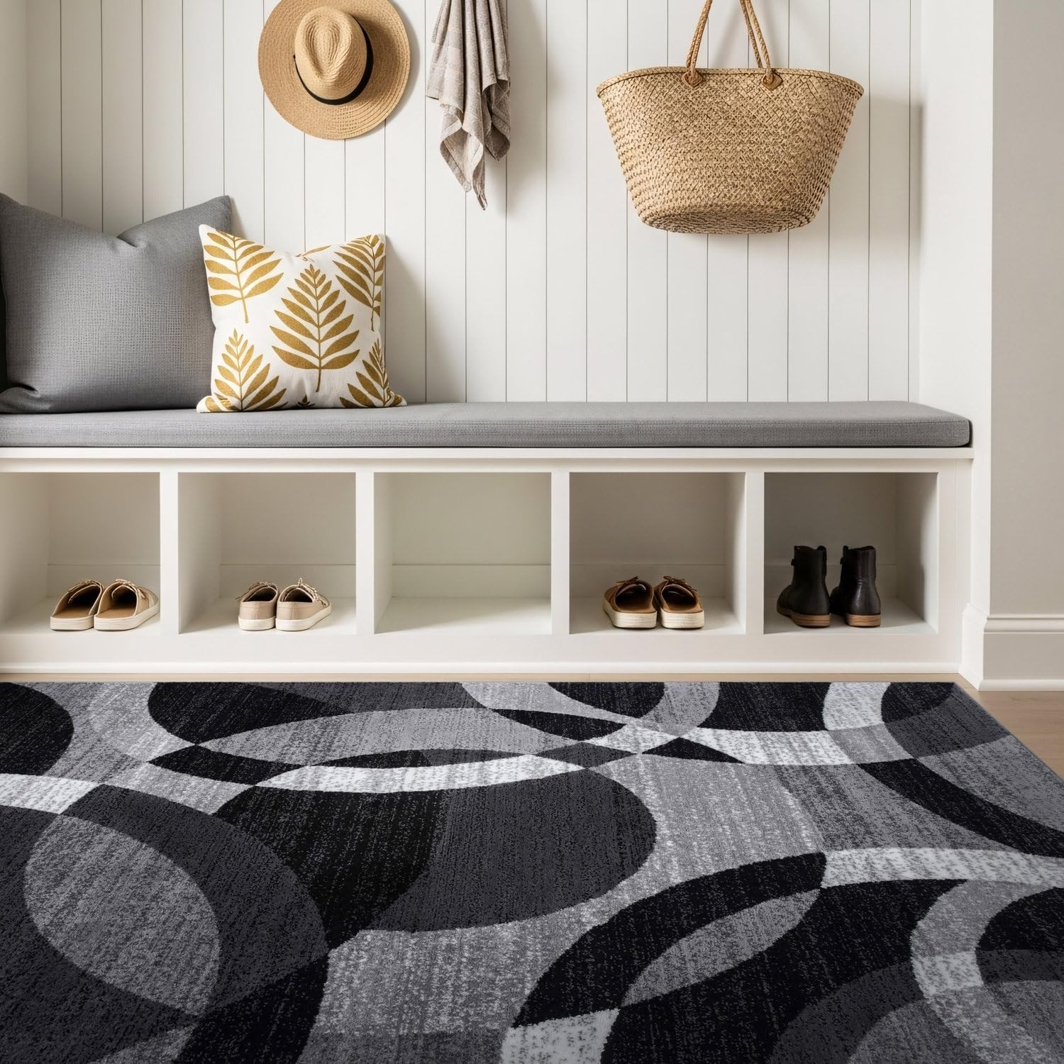 Gray Medium Indoor Area Rug Abstract Circles High-Traffic Non-Shedding for