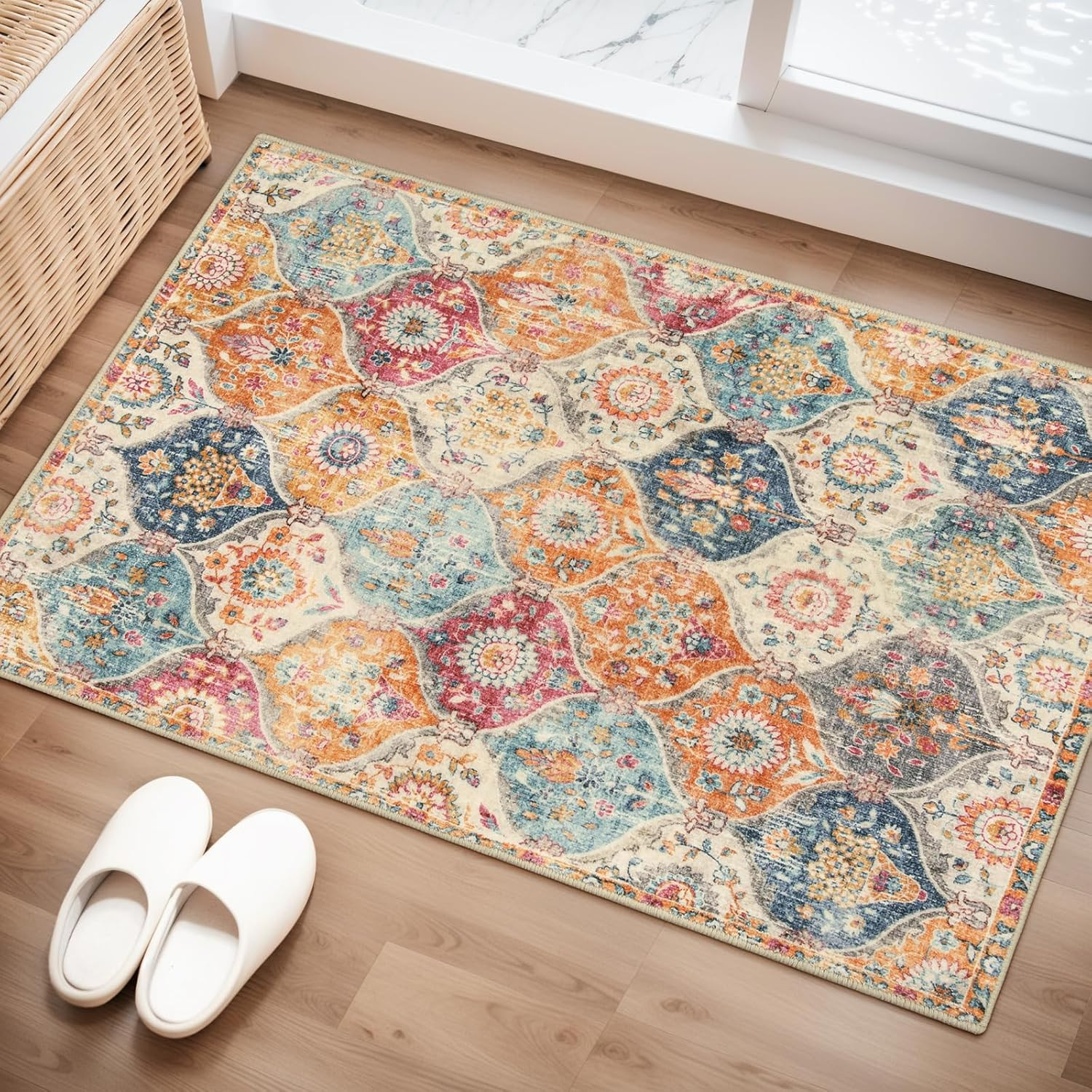 Moroccan Trellis Washable Rug, 2X3 Kitchen Rugs for Entryway Bathroom, Non-Slip