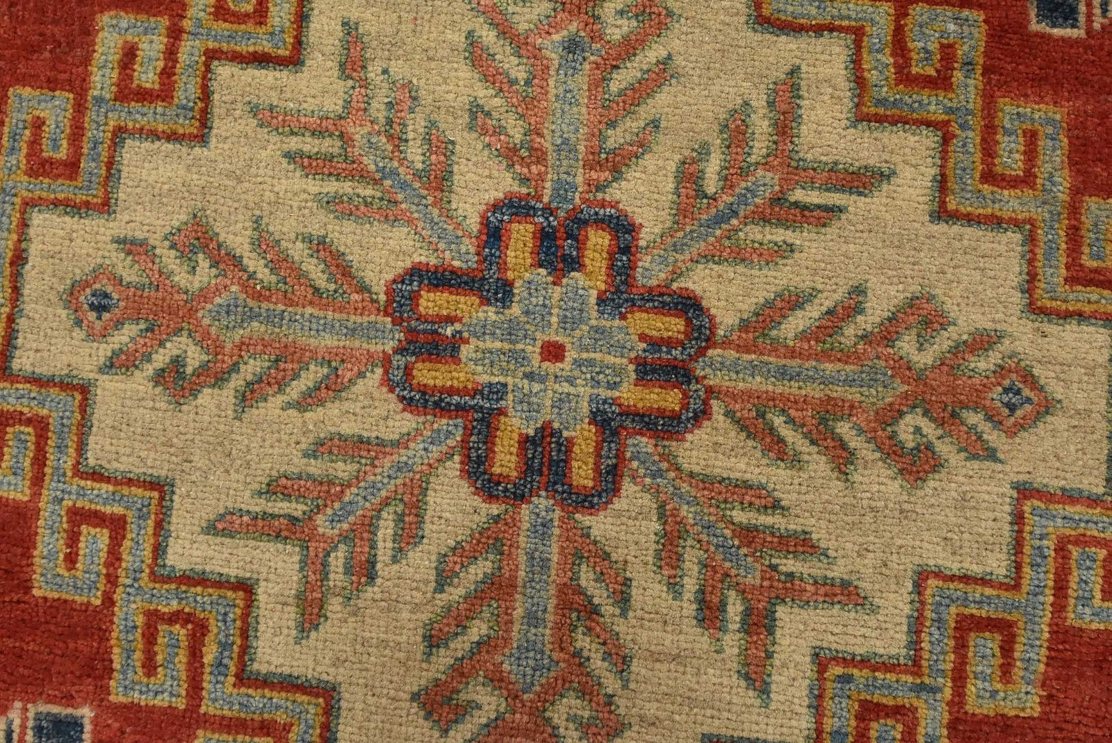 Kazak Rug 6’9” x 6’5” Red Wool Tribal Geometric Hand-Knotted Oriental Carpet