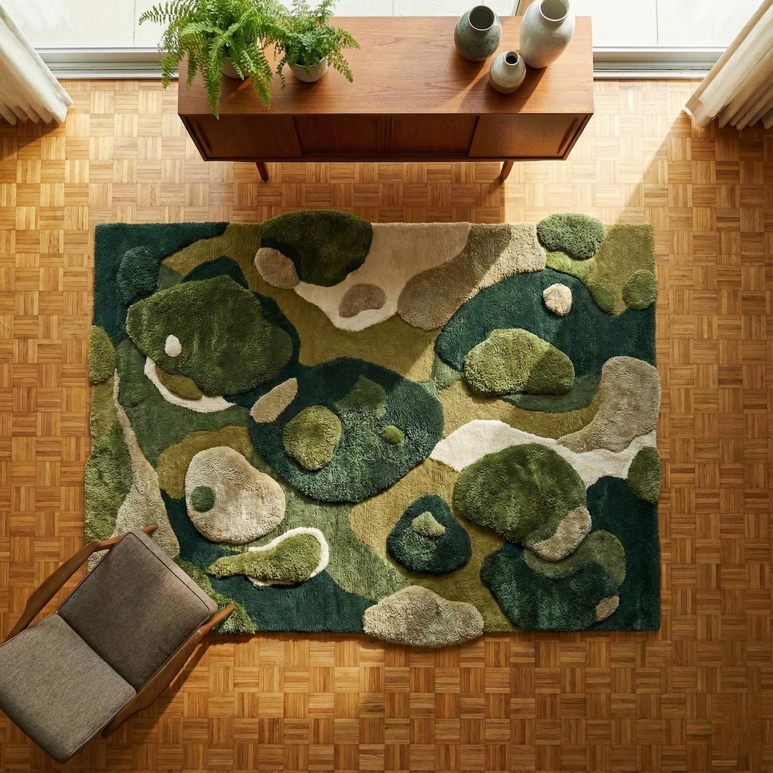 Abstract Moss Green Hand Tufted Rug, Luxury Handmade Wool Rug Thick Hand Tufted