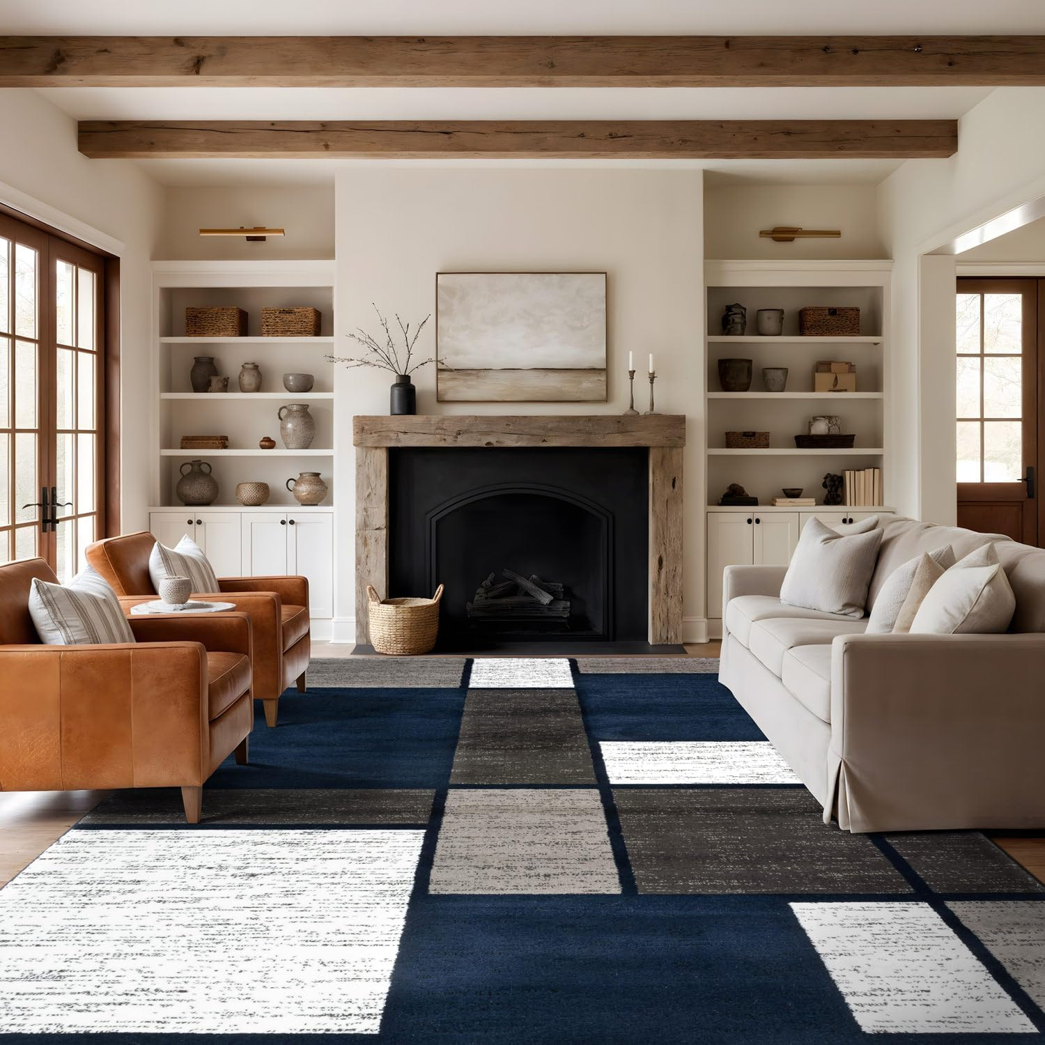 Modern Geometric Boxes Navy Area Rug, Fade-Resistant Carpet for Large Living Roo