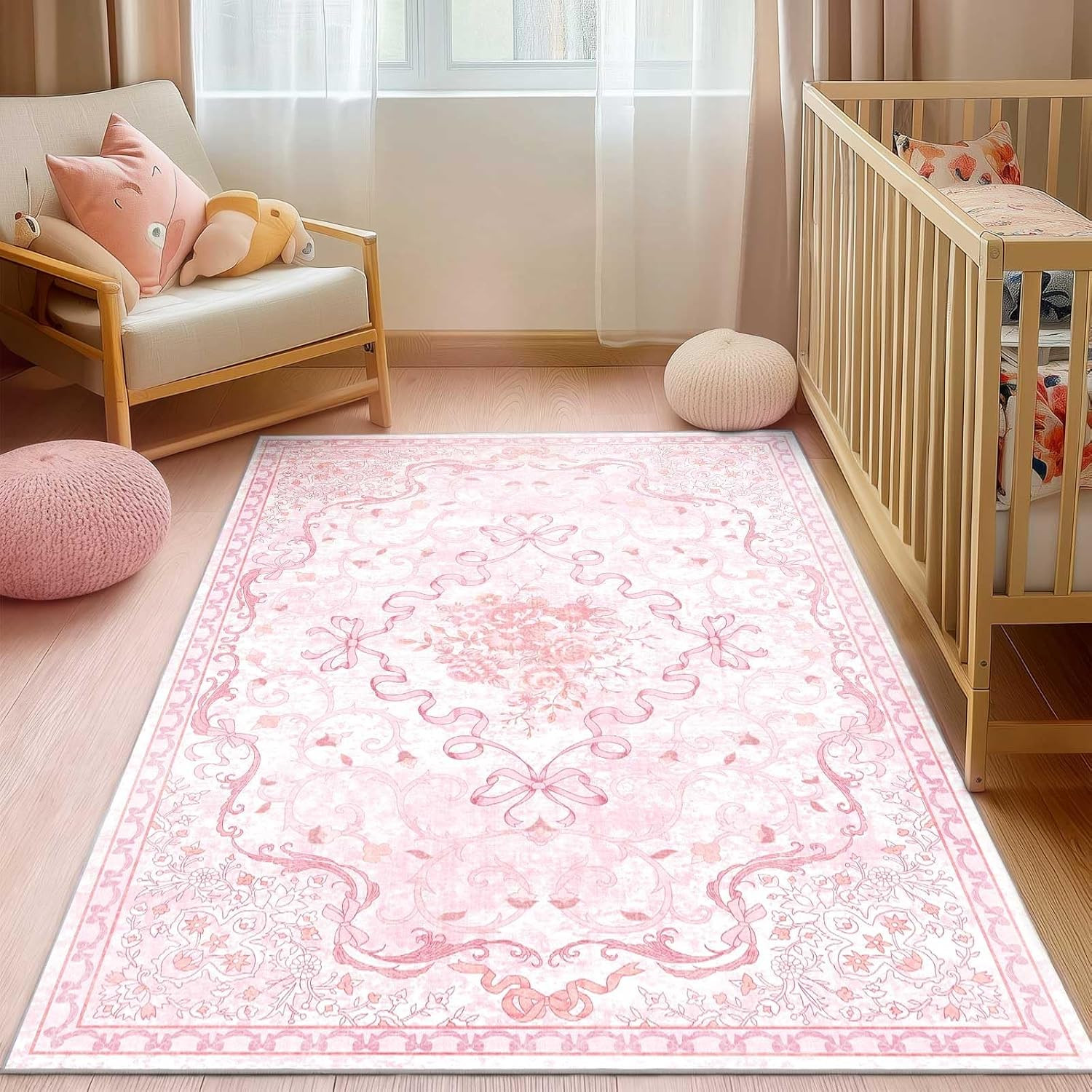 Pink Bow Rug for Bedroom Girls,5X7 Nursery Rugs for Living Room with Soft Low Pi