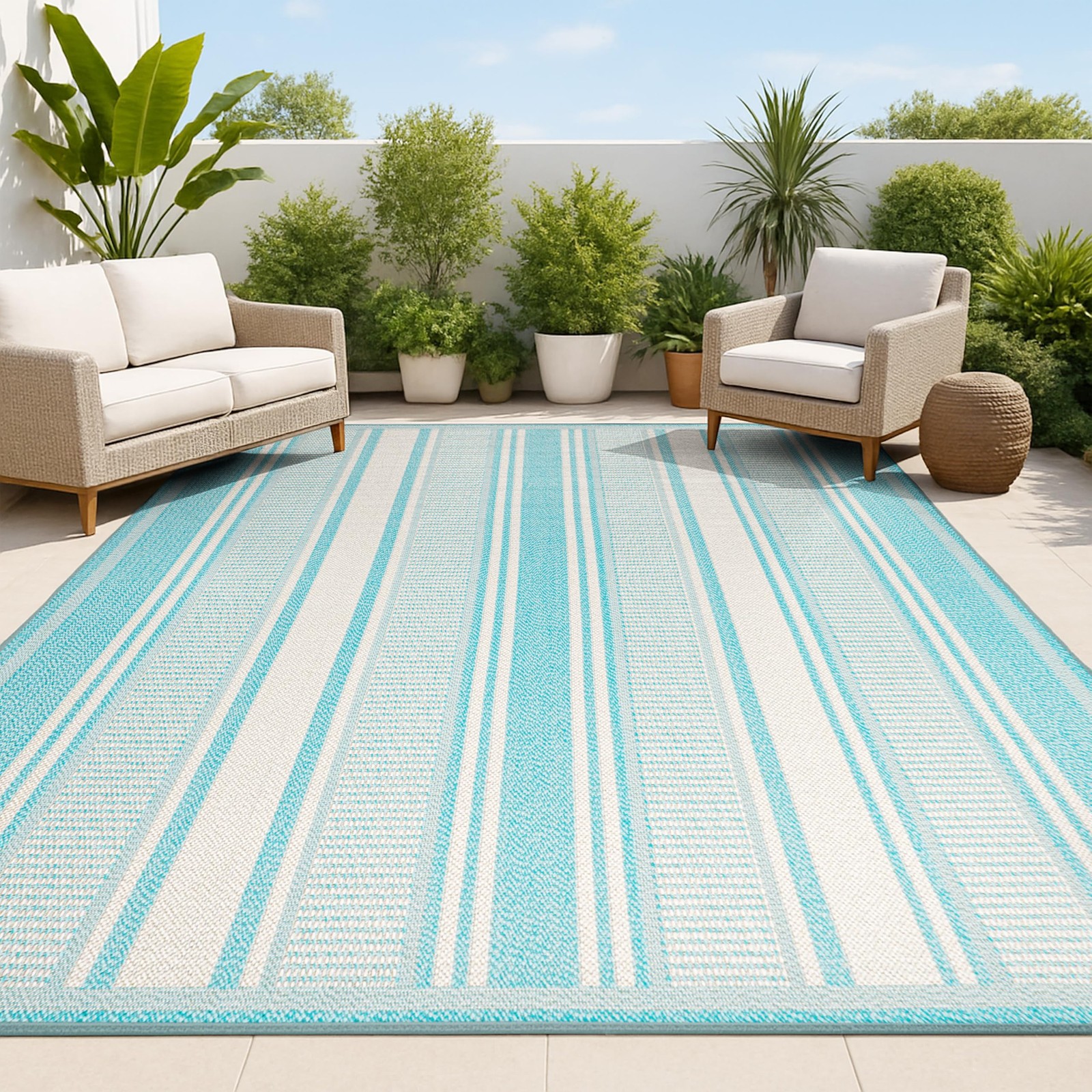 Jonathan Y Double Stripe Indoor Outdoor Area Rug 4X6 Aqua/Beige Haynes Modern