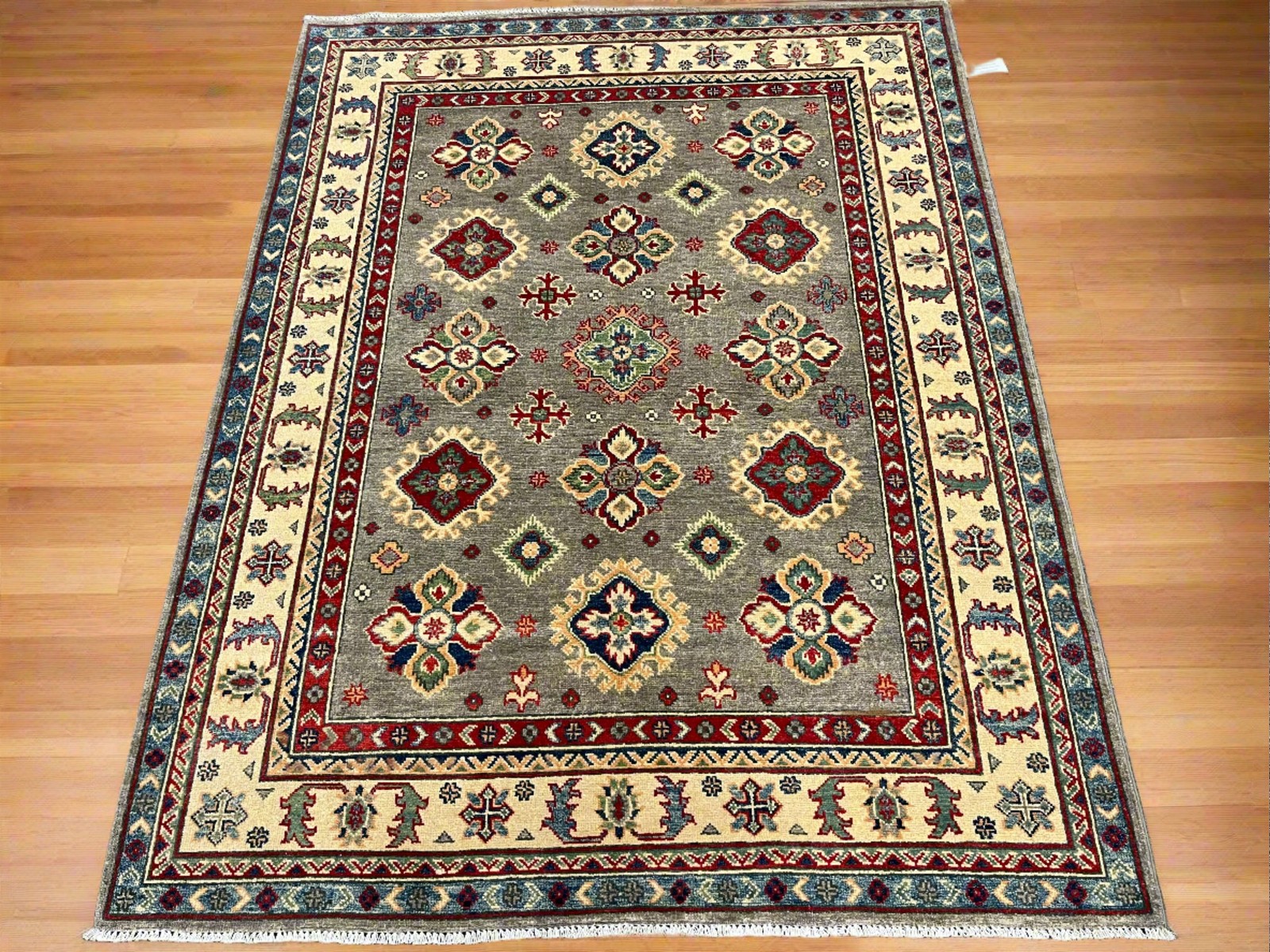Gray Geometric Kazak 5X7 Handmade Wool Rug # 13809
