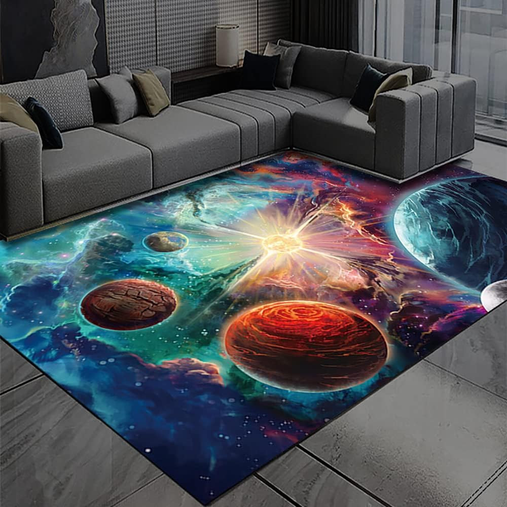 Outer Space Planet Print Washable Rugs for Boys Room & Living Areas