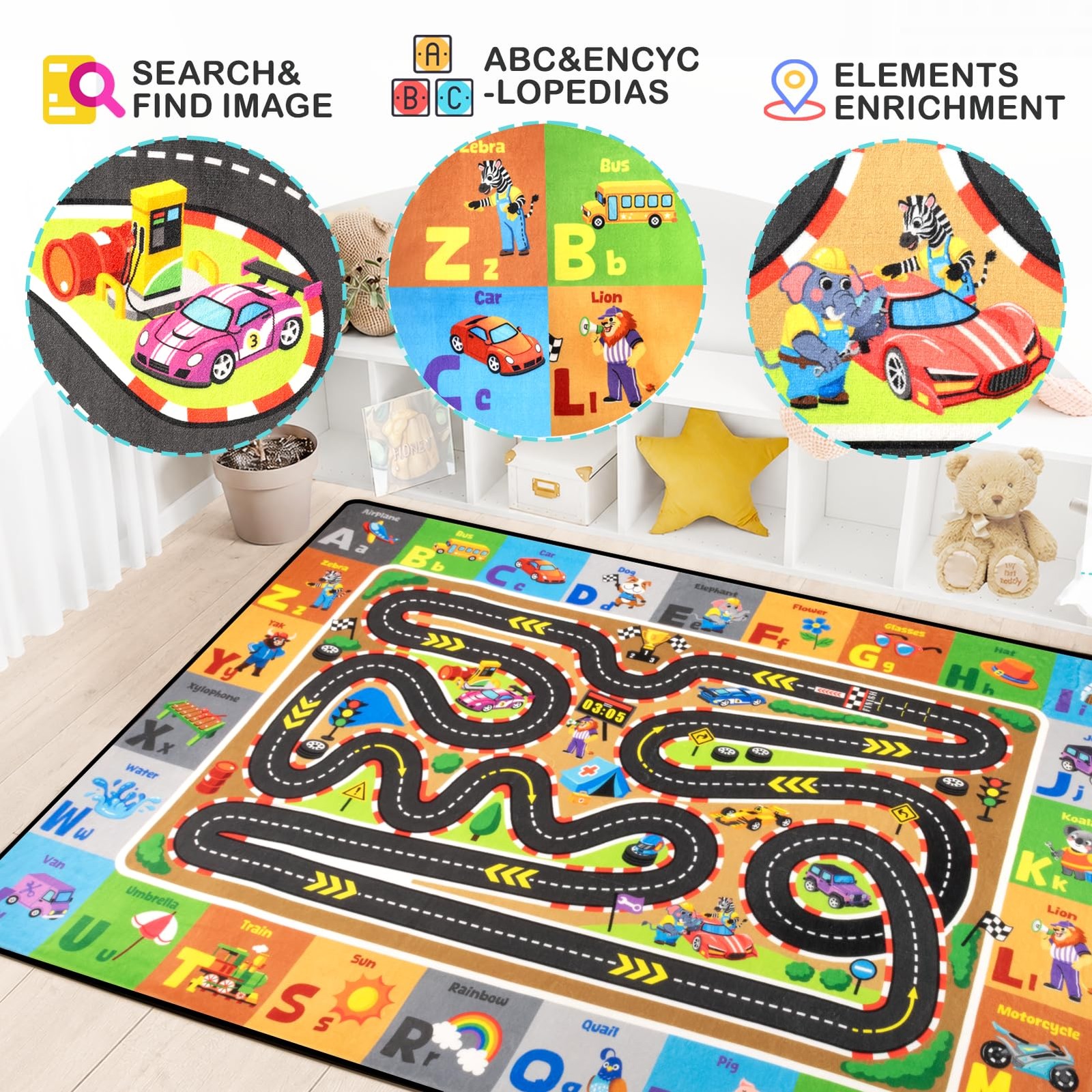 Race Track Rug, Car Road Rug for Kids, Non-Slip Kids Playroom Carpet, Washabl…