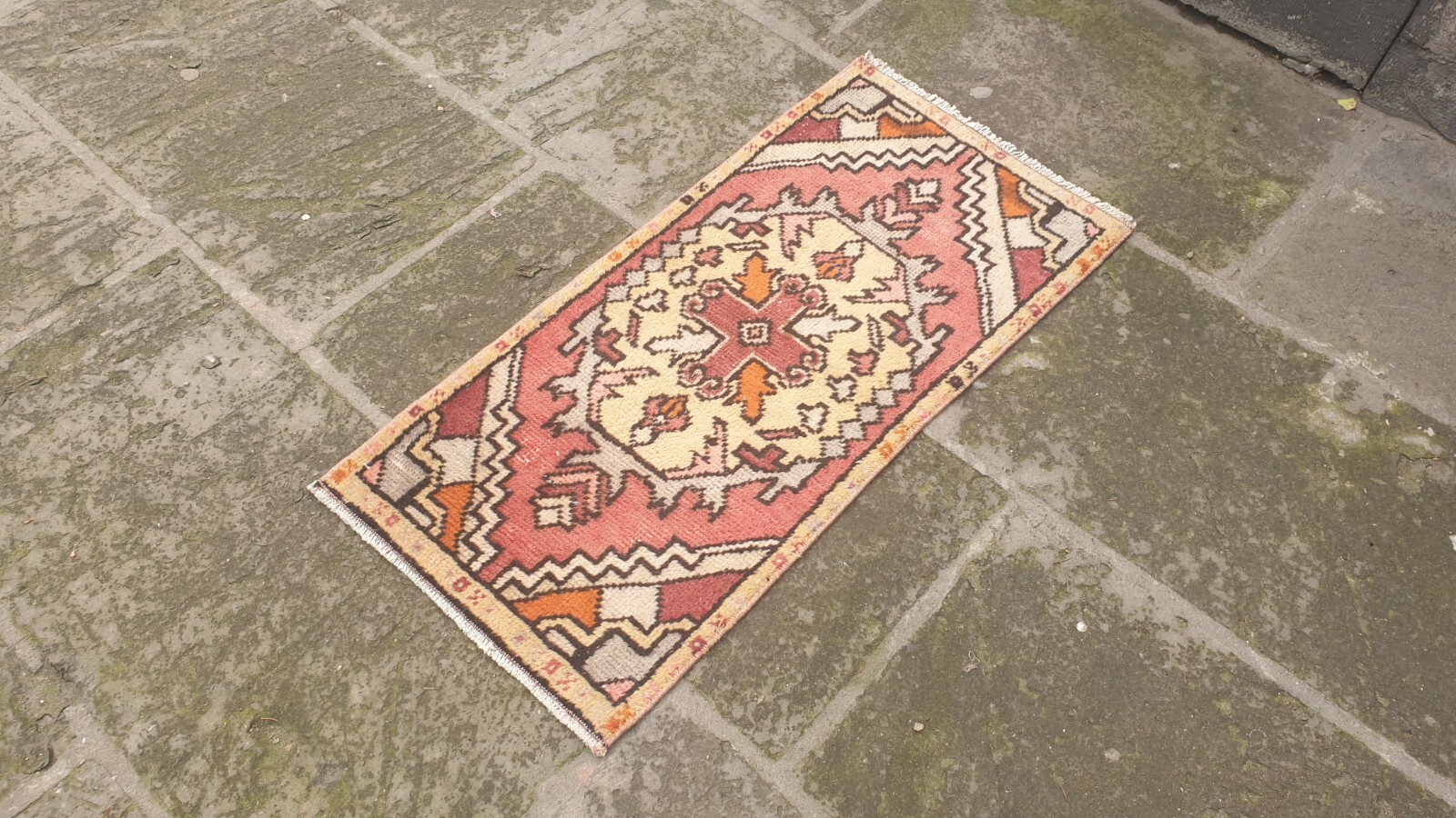 Small Turkish rug 44×91 cm 1.4×3 ft Vintage Wool Turkish Bathroom rug