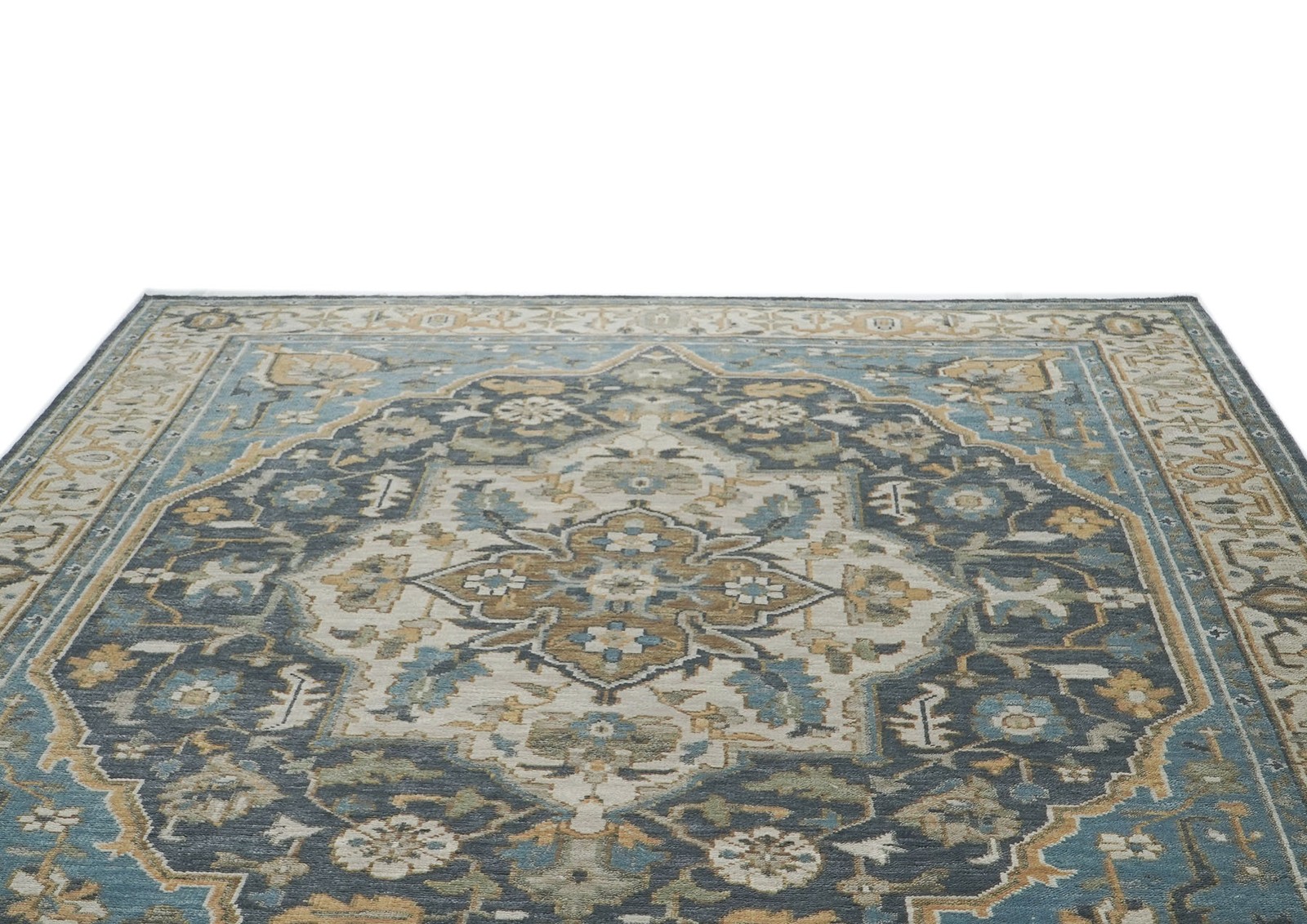 10’2”x14 Hand Knotted Wool Blue, Beige Oushak Tabrizz Rug