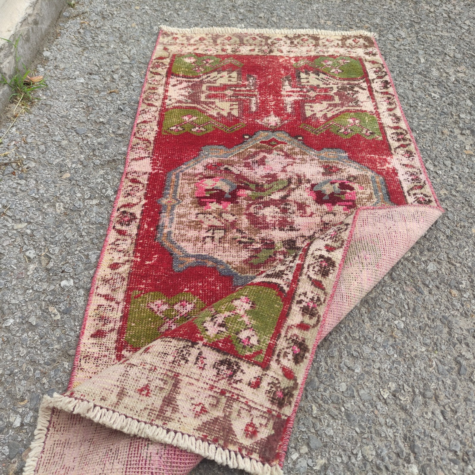 Roses Vintage rug 2×4 mini runner rug 1.74 x 3.9 ft. worn carpet 53 x 119 cm