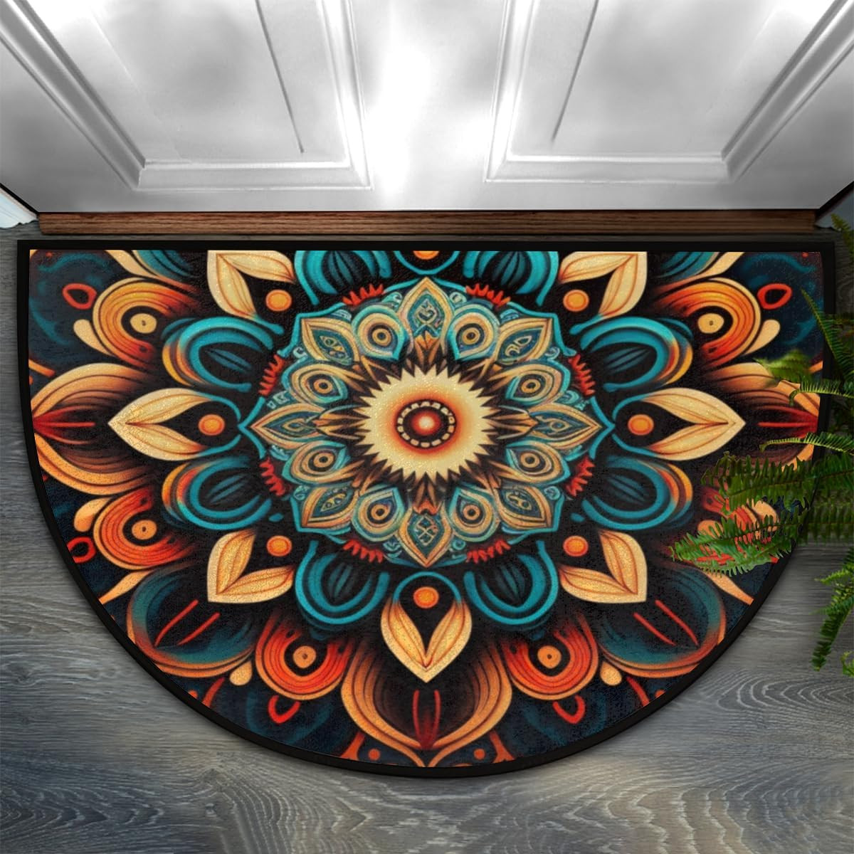 Bohemian Flower Half round Doormat Boho Floral Washable Semi Circle Area Rug Non